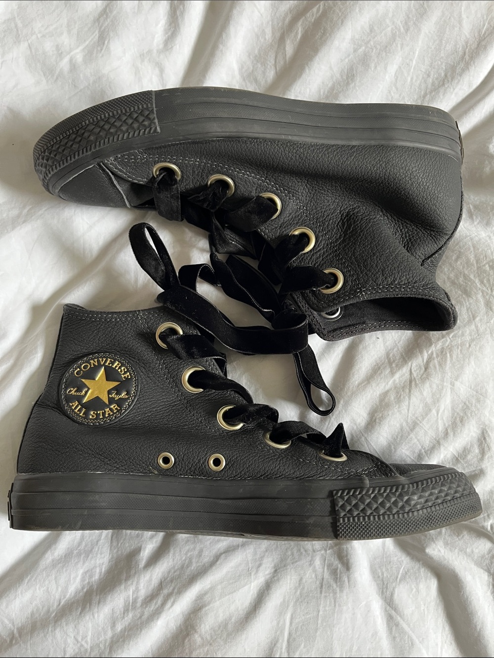 CONVERSE women’s Black Leather Chuck Taylor High Tops, Ribbon Laces gold silver